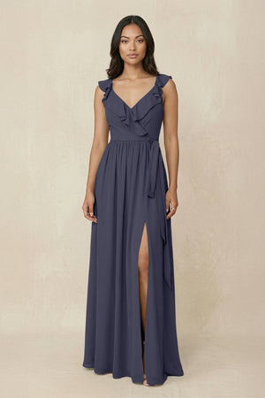 Ruffled V-Neck A-Line Chiffon Bridesmaid Dress in Dusk Blue - SHE IS ME BRIDESMAID DRESSES