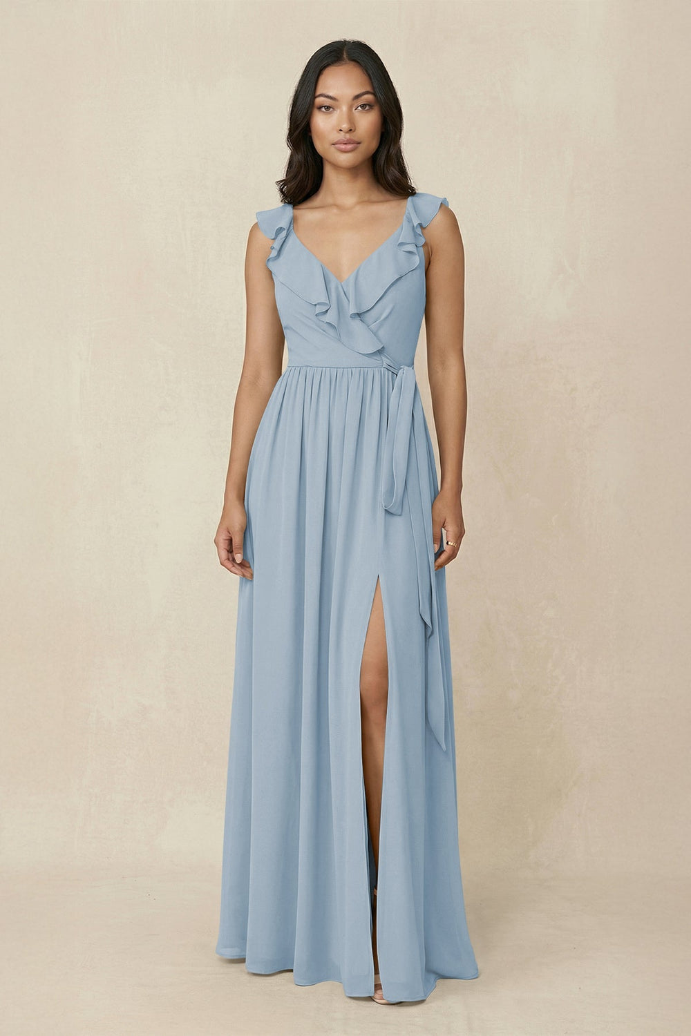 Ruffled V-Neck A-Line Chiffon Bridesmaid Dress in Dusty Blue - KISS BRIDAL BRIDESMAID DRESSES
