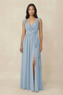 Ruffled V-Neck A-Line Chiffon Bridesmaid Dress in Dusty Blue - SHE IS ME BRIDESMAID DRESSES