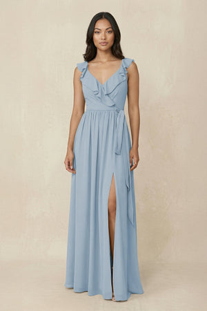 Ruffled V-Neck A-Line Chiffon Bridesmaid Dress in Dusty Blue - SHE IS ME BRIDESMAID DRESSES