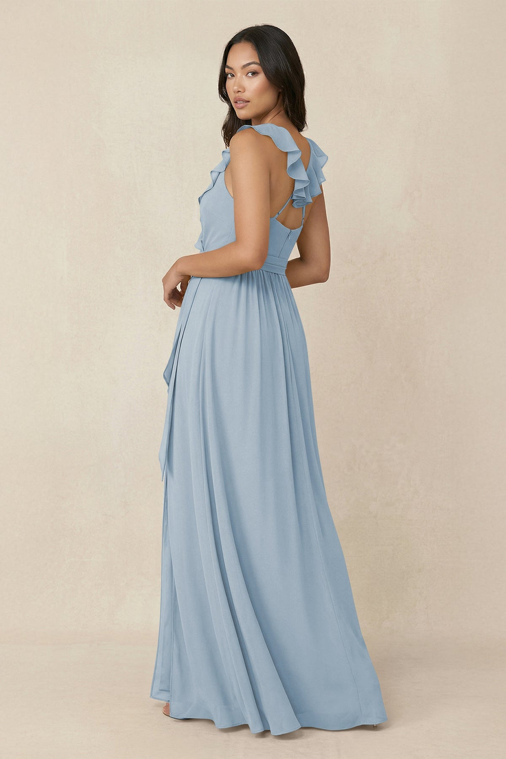 Ruffled V-Neck A-Line Chiffon Bridesmaid Dress in Dusty Blue - KISS BRIDAL BRIDESMAID DRESSES