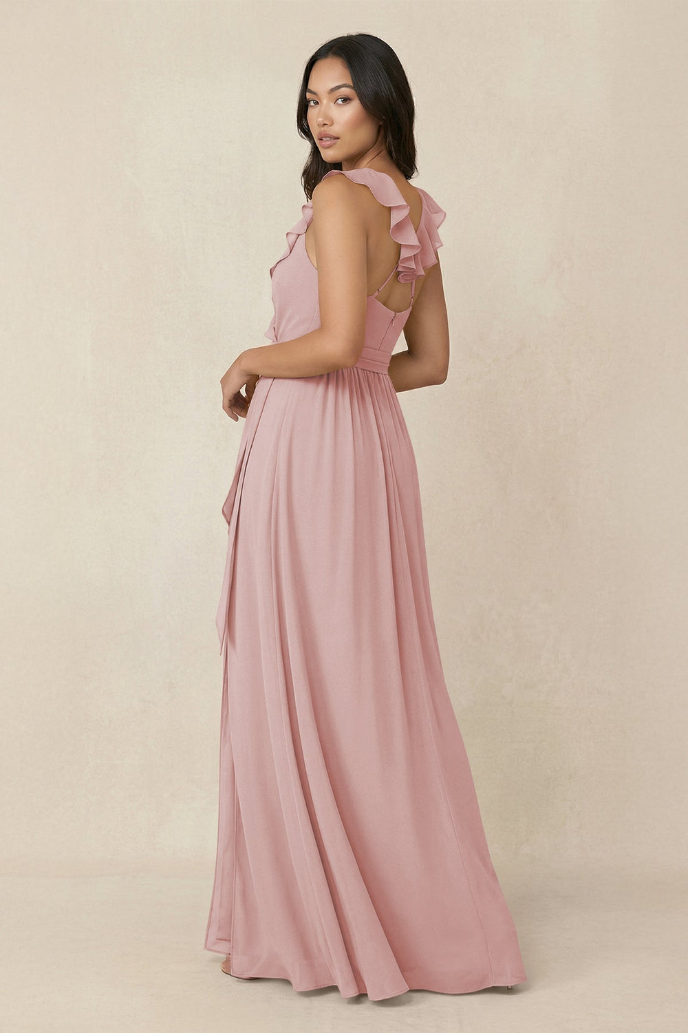 Ruffled V-Neck A-Line Chiffon Bridesmaid Dress in Dusty Rose - SHE IS ME BRIDESMAID DRESSES