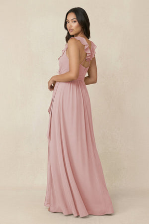 Ruffled V-Neck A-Line Chiffon Bridesmaid Dress in Dusty Rose - SHE IS ME BRIDESMAID DRESSES