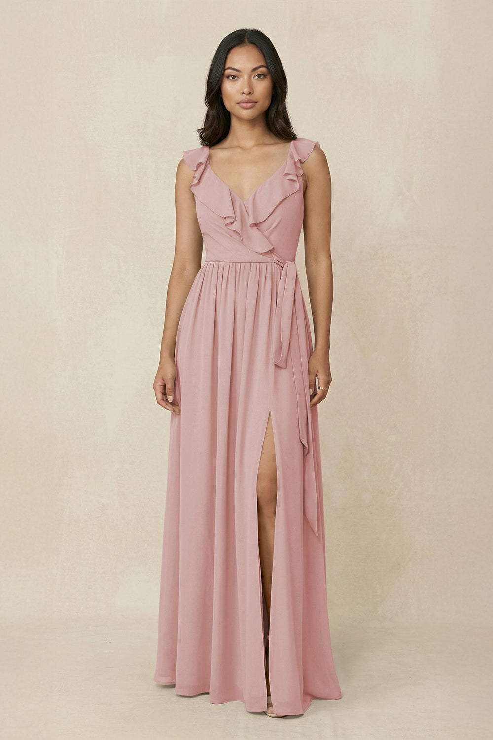 Ruffled V-Neck A-Line Chiffon Bridesmaid Dress in Dusty Rose - SHE IS ME BRIDESMAID DRESSES