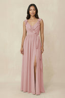 Ruffled V-Neck A-Line Chiffon Bridesmaid Dress in Dusty Rose - SHE IS ME BRIDESMAID DRESSES