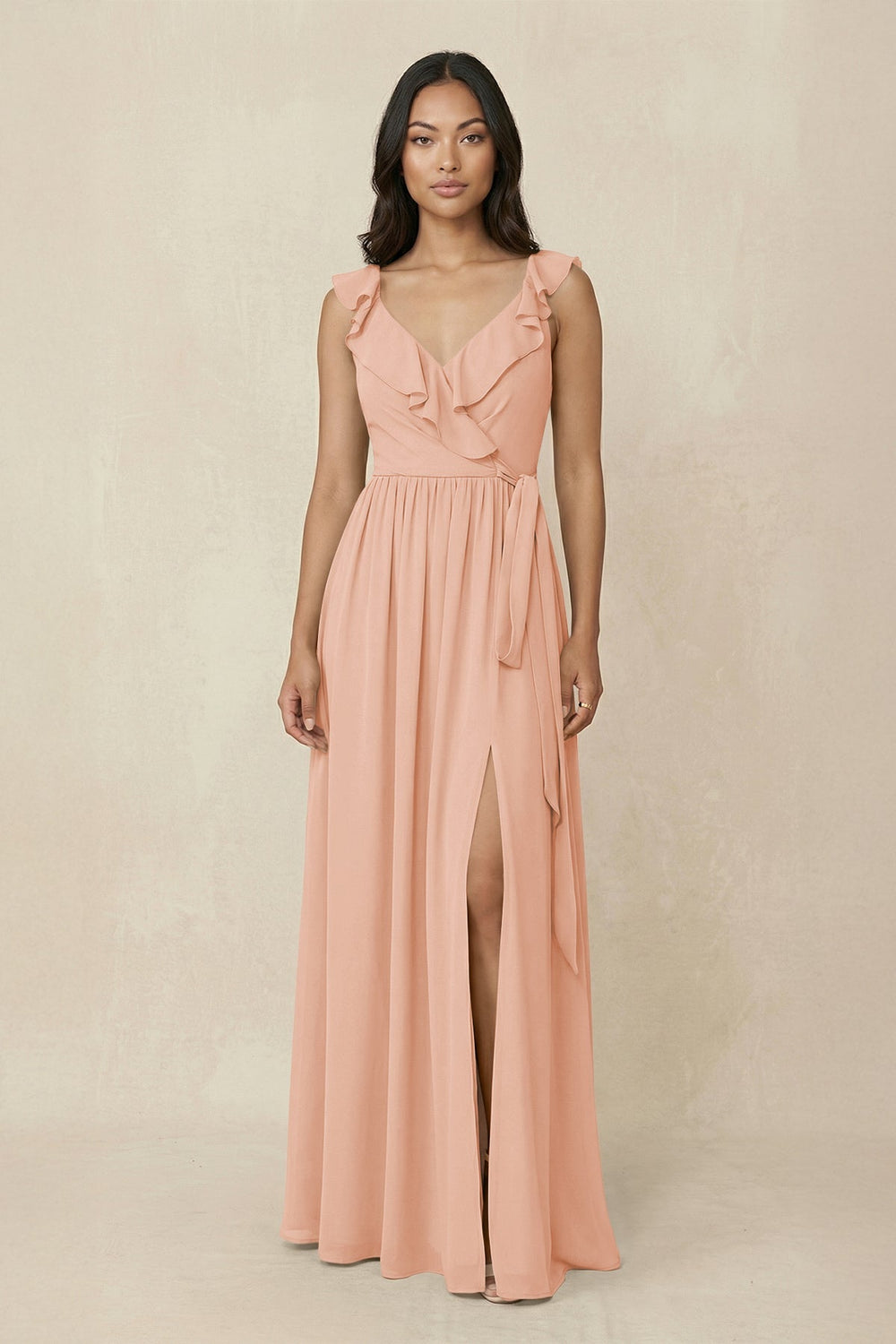 Ruffled V-Neck A-Line Chiffon Bridesmaid Dress in English Rose - SHE IS ME BRIDESMAID DRESSES
