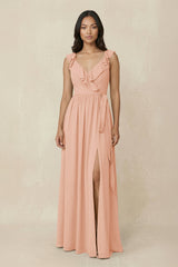 Ruffled V-Neck A-Line Chiffon Bridesmaid Dress in English Rose - KISS BRIDAL BRIDESMAID DRESSES