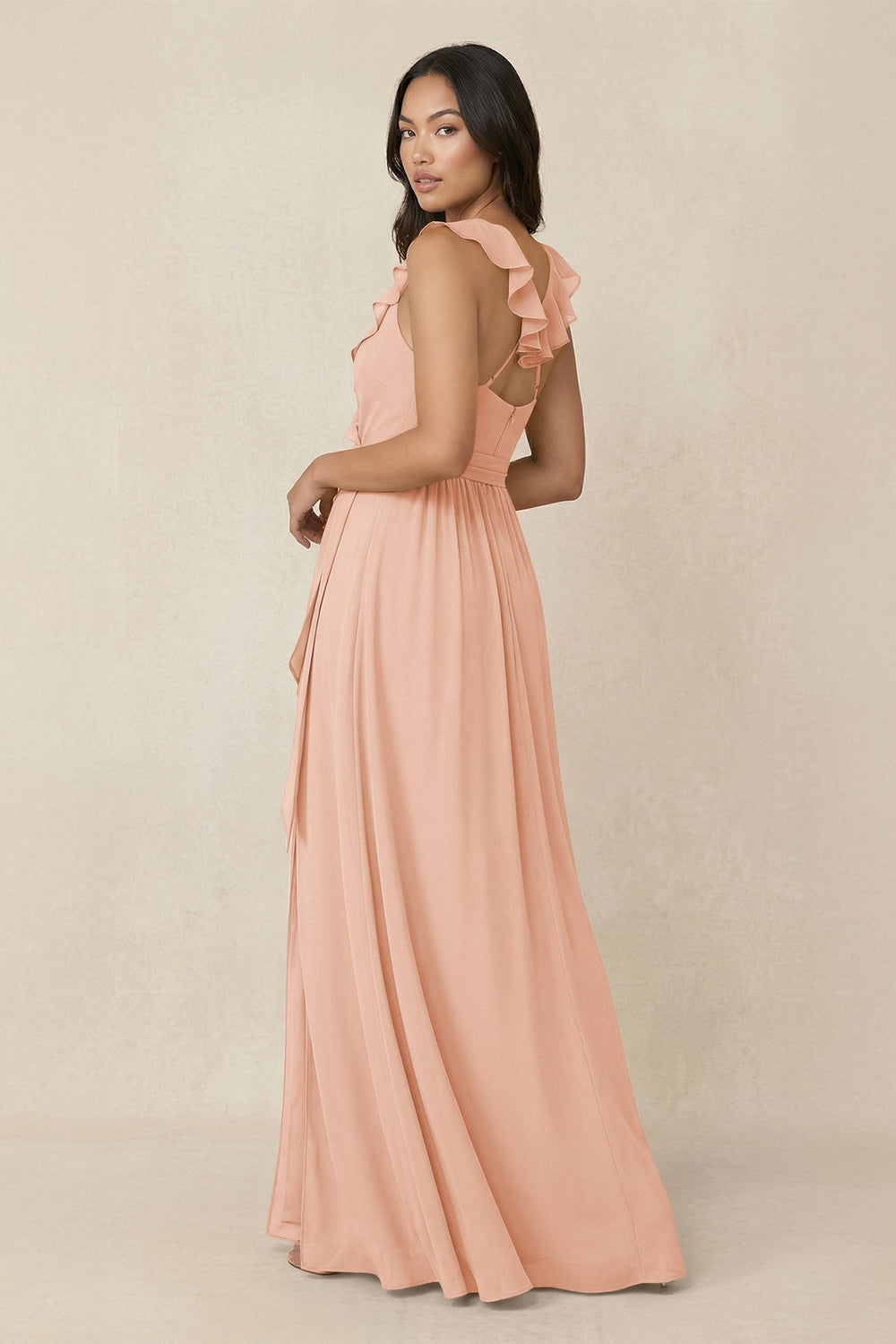 Ruffled V-Neck A-Line Chiffon Bridesmaid Dress in English Rose - SHE IS ME BRIDESMAID DRESSES
