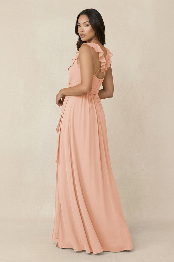 Ruffled V-Neck A-Line Chiffon Bridesmaid Dress in English Rose - SHE IS ME BRIDESMAID DRESSES