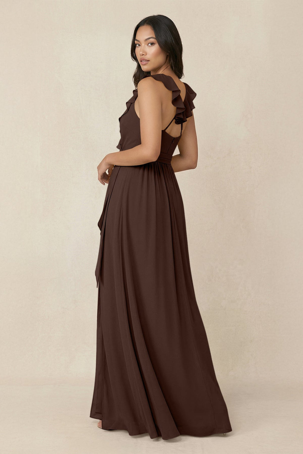 Ruffled V-Neck A-Line Chiffon Bridesmaid Dress in Espresso - KISS BRIDAL BRIDESMAID DRESSES