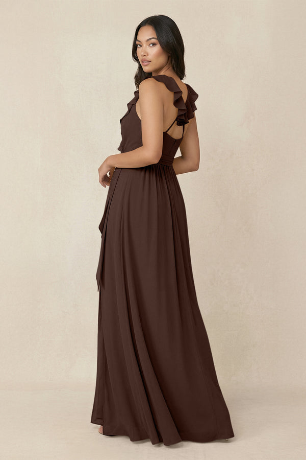 Ruffled V-Neck A-Line Chiffon Bridesmaid Dress in Espresso - SHE IS ME BRIDESMAID DRESSES