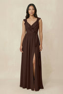 Ruffled V-Neck A-Line Chiffon Bridesmaid Dress in Espresso - SHE IS ME BRIDESMAID DRESSES