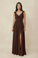 Ruffled V-Neck A-Line Chiffon Bridesmaid Dress in Espresso - KISS BRIDAL BRIDESMAID DRESSES