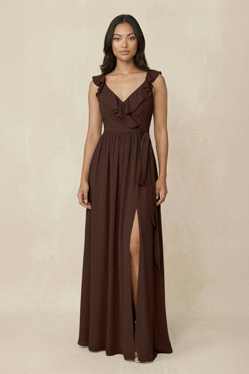 Ruffled V-Neck A-Line Chiffon Bridesmaid Dress in Espresso - SHE IS ME BRIDESMAID DRESSES