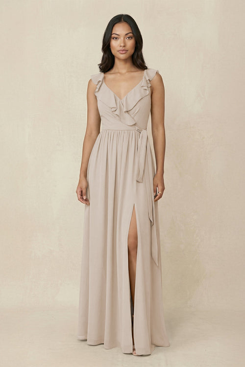 Ruffled V-Neck A-Line Chiffon Bridesmaid Dress in Frost - SHE IS ME BRIDESMAID DRESSES