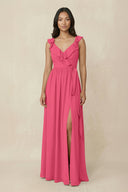 Ruffled V-Neck A-Line Chiffon Bridesmaid Dress in Fuchsia - SHE IS ME BRIDESMAID DRESSES