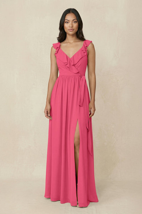 Ruffled V-Neck A-Line Chiffon Bridesmaid Dress in Fuchsia - SHE IS ME BRIDESMAID DRESSES