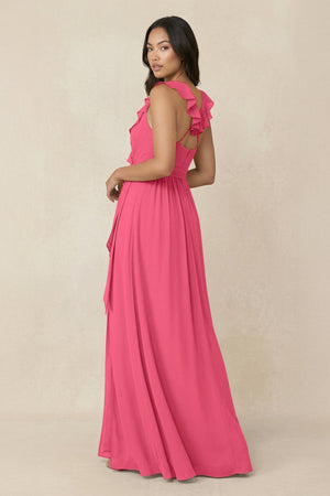 Ruffled V-Neck A-Line Chiffon Bridesmaid Dress in Fuchsia - SHE IS ME BRIDESMAID DRESSES