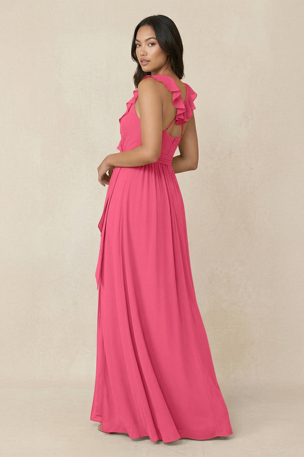 Ruffled V-Neck A-Line Chiffon Bridesmaid Dress in Fuchsia - SHE IS ME BRIDESMAID DRESSES