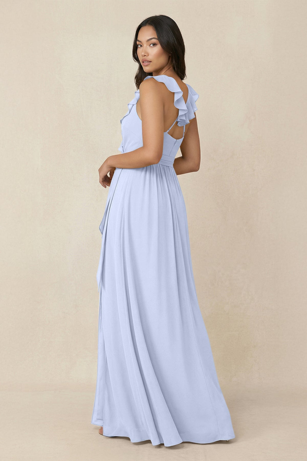 Ruffled V-Neck A-Line Chiffon Bridesmaid Dress in Ice - SHE IS ME BRIDESMAID DRESSES