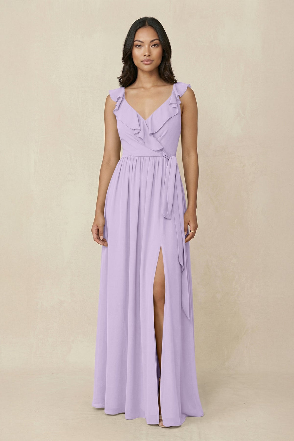 Ruffled V-Neck A-Line Chiffon Bridesmaid Dress in Lavender - SHE IS ME BRIDESMAID DRESSES