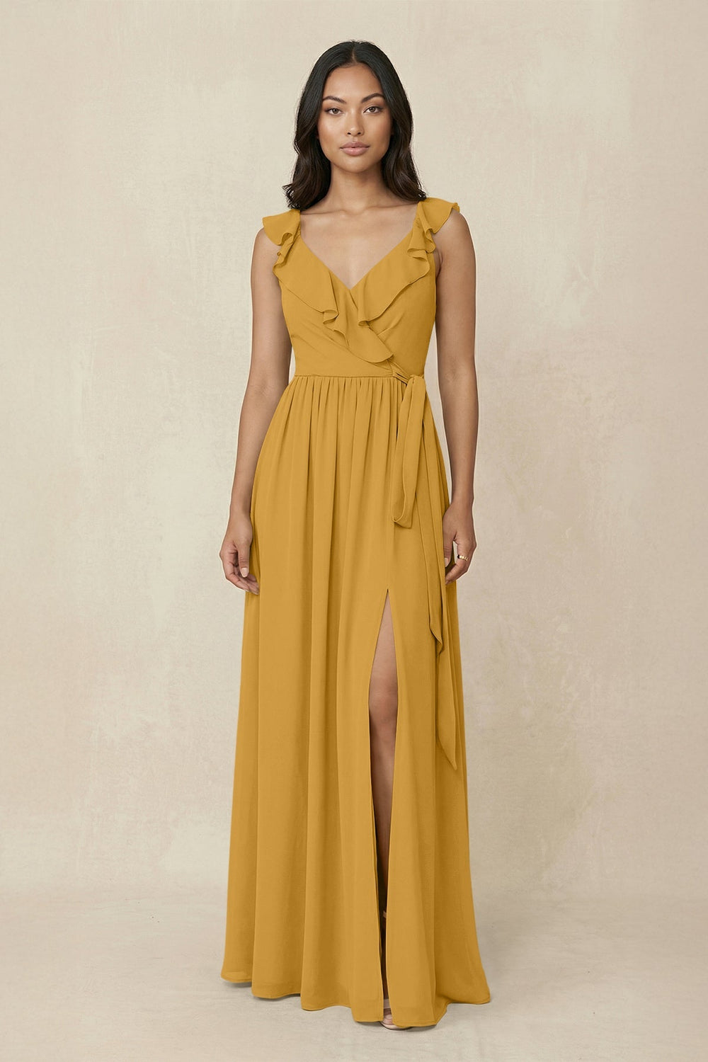 Ruffled V-Neck A-Line Chiffon Bridesmaid Dress in Marigold - SHE IS ME BRIDESMAID DRESSES
