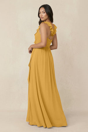 Ruffled V-Neck A-Line Chiffon Bridesmaid Dress in Marigold - SHE IS ME BRIDESMAID DRESSES
