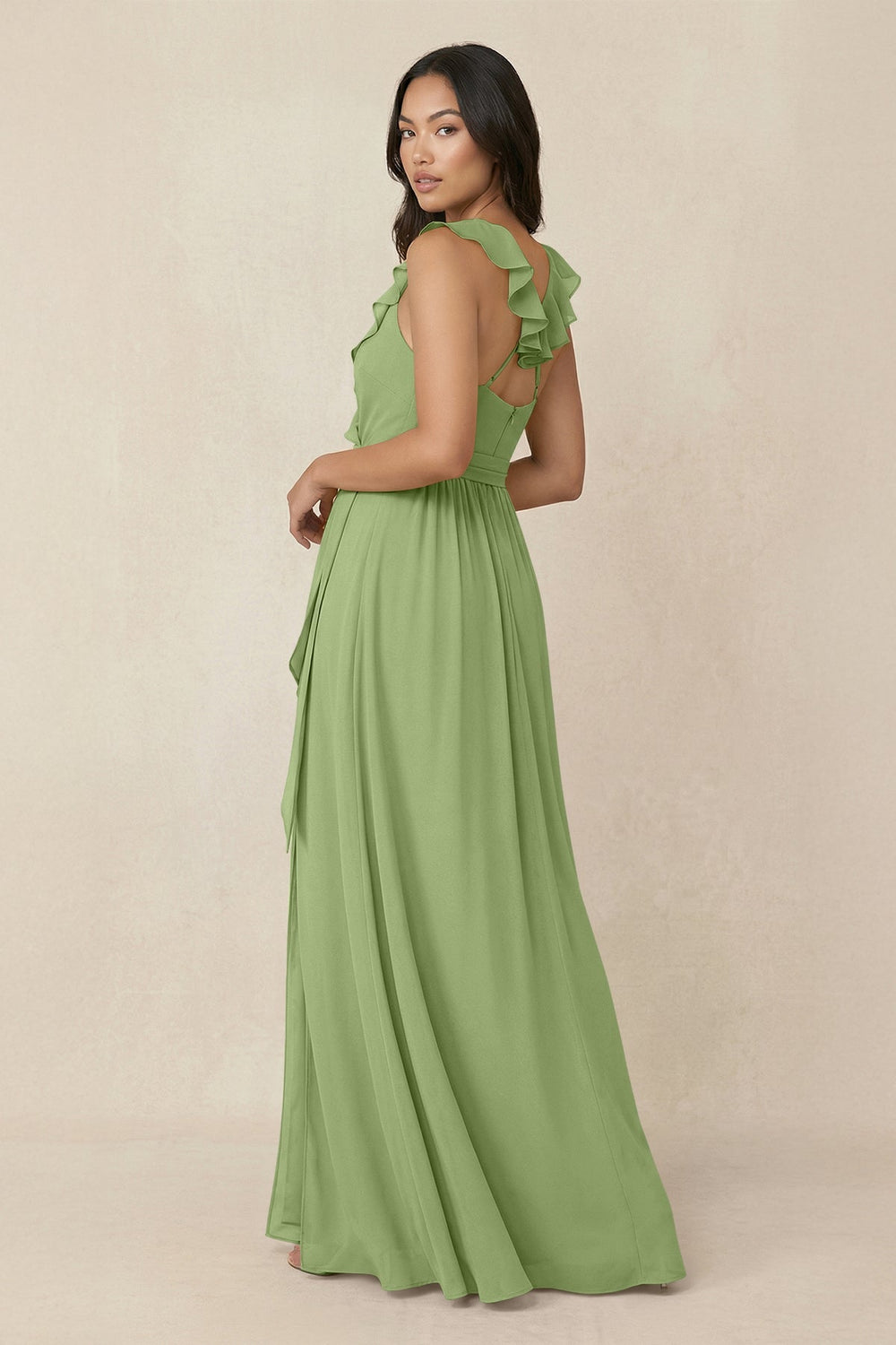 Ruffled V-Neck A-Line Chiffon Bridesmaid Dress in Matcha - SHE IS ME BRIDESMAID DRESSES