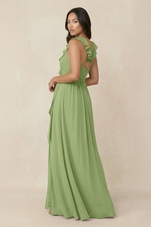 Ruffled V-Neck A-Line Chiffon Bridesmaid Dress in Matcha - SHE IS ME BRIDESMAID DRESSES