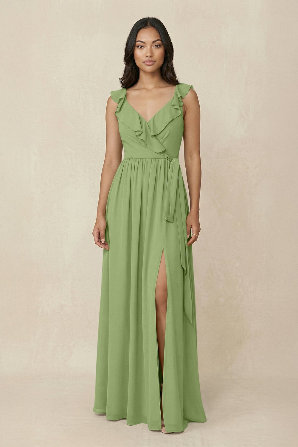 Ruffled V-Neck A-Line Chiffon Bridesmaid Dress in Matcha - SHE IS ME BRIDESMAID DRESSES