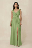 Ruffled V-Neck A-Line Chiffon Bridesmaid Dress in Matcha - SHE IS ME BRIDESMAID DRESSES