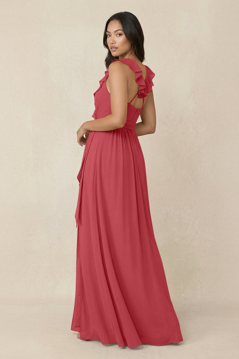 Ruffled V-Neck A-Line Chiffon Bridesmaid Dress in Merlot - SHE IS ME BRIDESMAID DRESSES