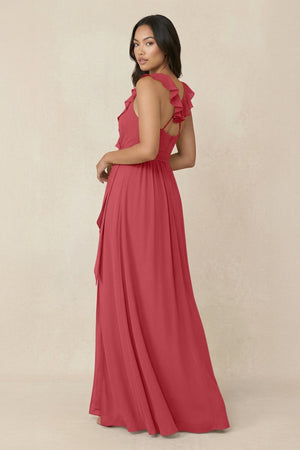 Ruffled V-Neck A-Line Chiffon Bridesmaid Dress in Merlot - SHE IS ME BRIDESMAID DRESSES