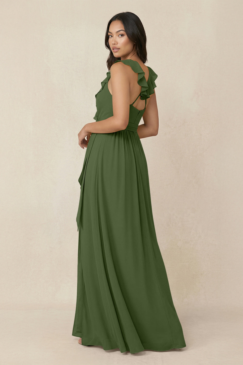 Ruffled V-Neck A-Line Chiffon Bridesmaid Dress in Moss