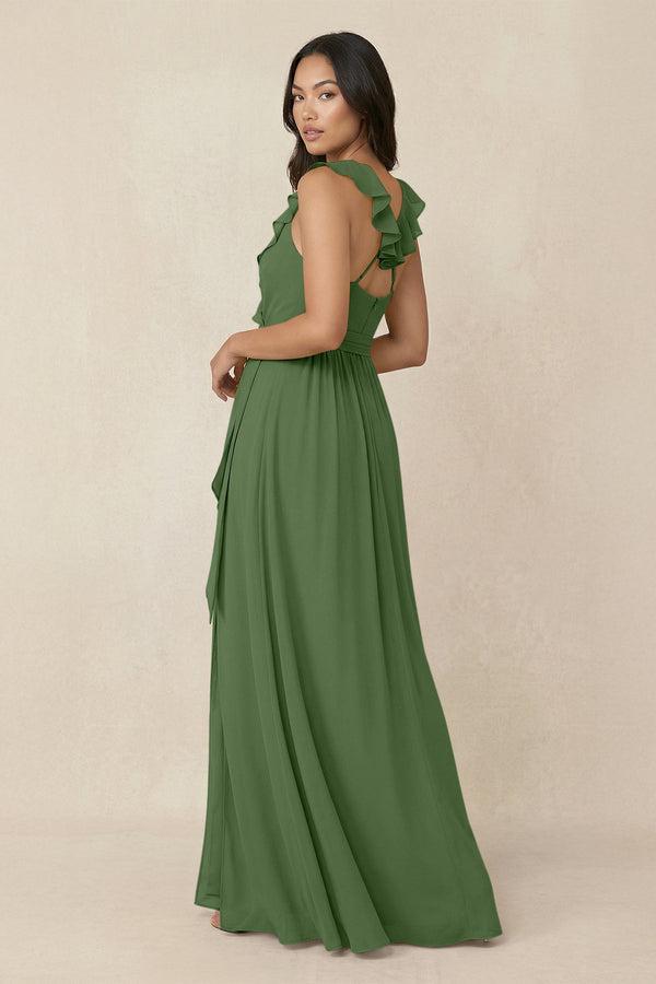 Ruffled V-Neck A-Line Chiffon Bridesmaid Dress in Moss - SHE IS ME BRIDESMAID DRESSES