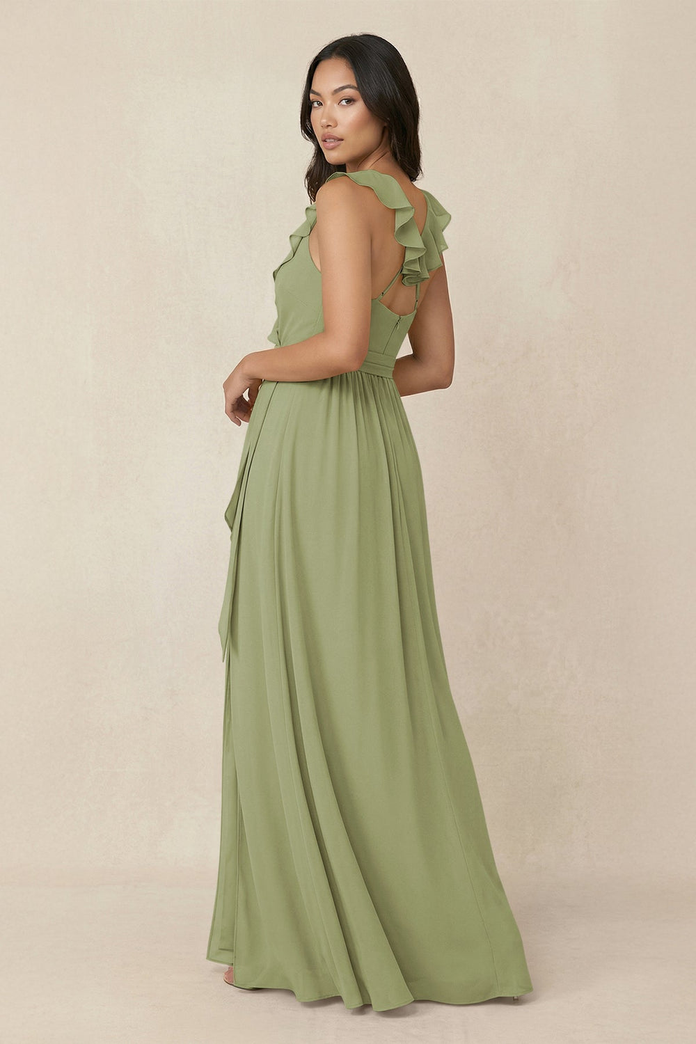 Ruffled V-Neck A-Line Chiffon Bridesmaid Dress in Moss Green - SHE IS ME BRIDESMAID DRESSES