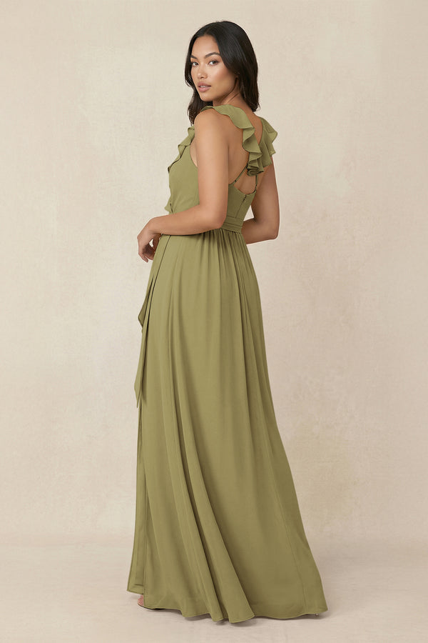 Ruffled V-Neck A-Line Chiffon Bridesmaid Dress in Moss Green (2) | KISSBRIDAL