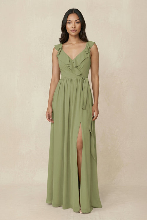 Ruffled V-Neck A-Line Chiffon Bridesmaid Dress in Moss Green - SHE IS ME BRIDESMAID DRESSES