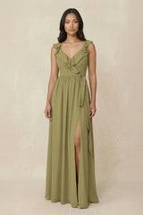 Ruffled V-Neck A-Line Chiffon Bridesmaid Dress in Moss Green | KISSBRIDAL