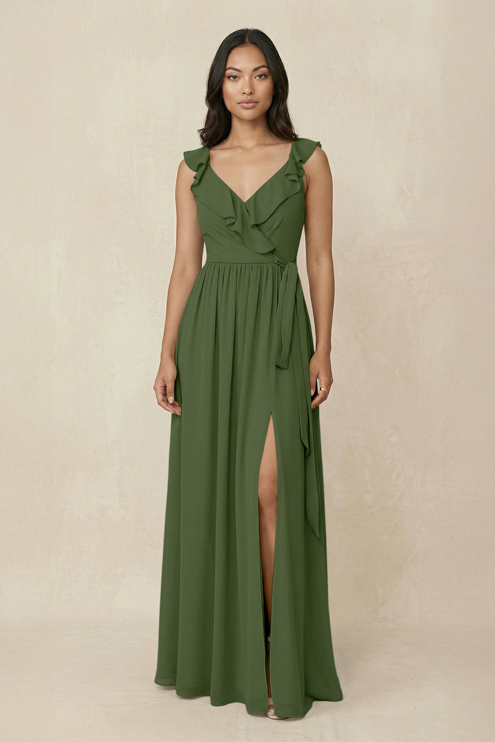 Ruffled V-Neck A-Line Chiffon Bridesmaid Dress in Moss