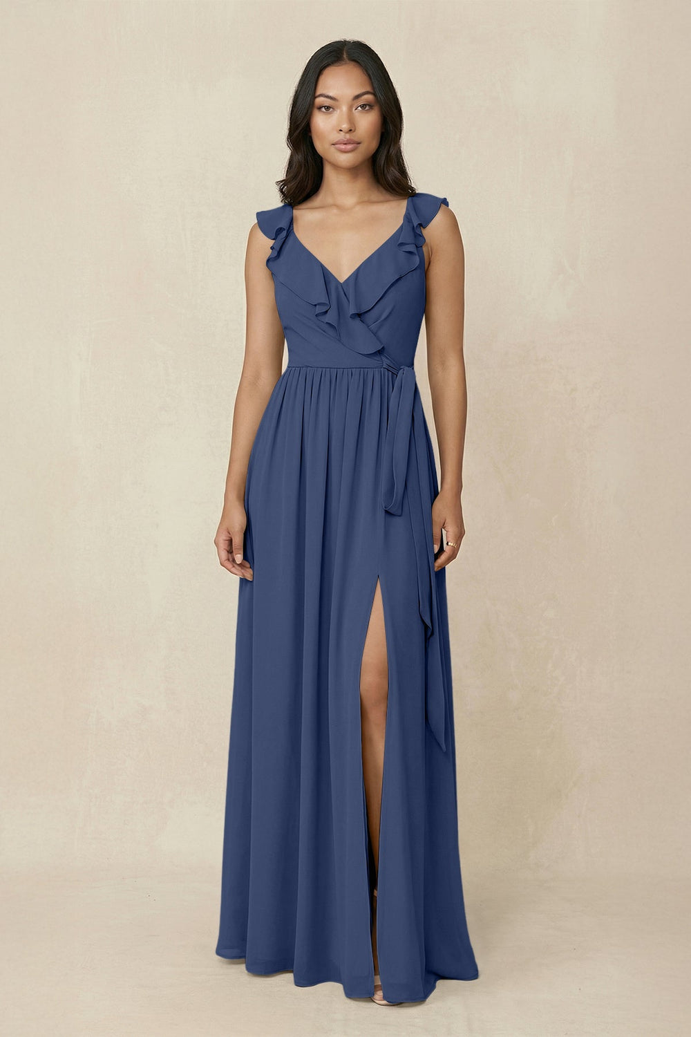Ruffled V-Neck A-Line Chiffon Bridesmaid Dress in Navy - SHE IS ME BRIDESMAID DRESSES