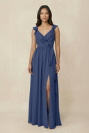 Ruffled V-Neck A-Line Chiffon Bridesmaid Dress in Navy - SHE IS ME BRIDESMAID DRESSES
