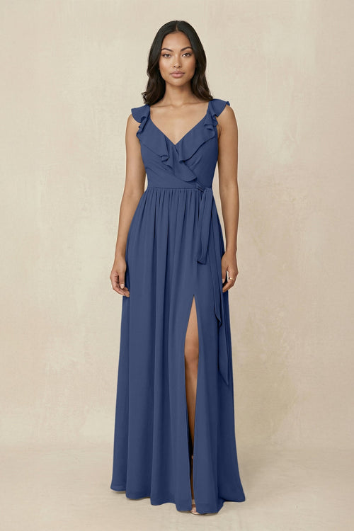 Ruffled V-Neck A-Line Chiffon Bridesmaid Dress in Navy - SHE IS ME BRIDESMAID DRESSES