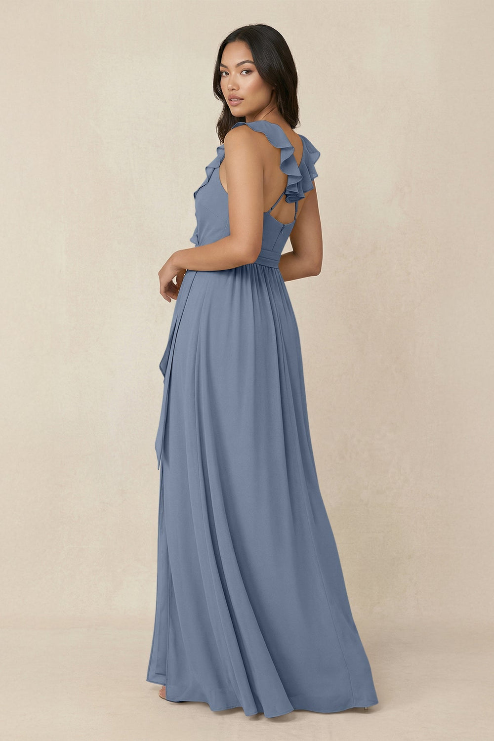 Ruffled V-Neck A-Line Chiffon Bridesmaid Dress in Neptune - SHE IS ME BRIDESMAID DRESSES