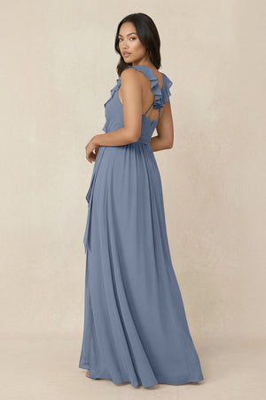 Ruffled V-Neck A-Line Chiffon Bridesmaid Dress in Neptune - SHE IS ME BRIDESMAID DRESSES