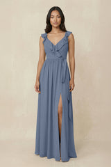 Ruffled V-Neck A-Line Chiffon Bridesmaid Dress in Neptune - KISS BRIDAL BRIDESMAID DRESSES