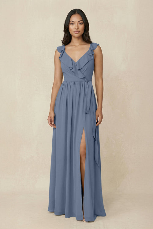 Ruffled V-Neck A-Line Chiffon Bridesmaid Dress in Neptune - SHE IS ME BRIDESMAID DRESSES
