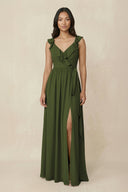 Ruffled V-Neck A-Line Chiffon Bridesmaid Dress in Olive - SHE IS ME BRIDESMAID DRESSES