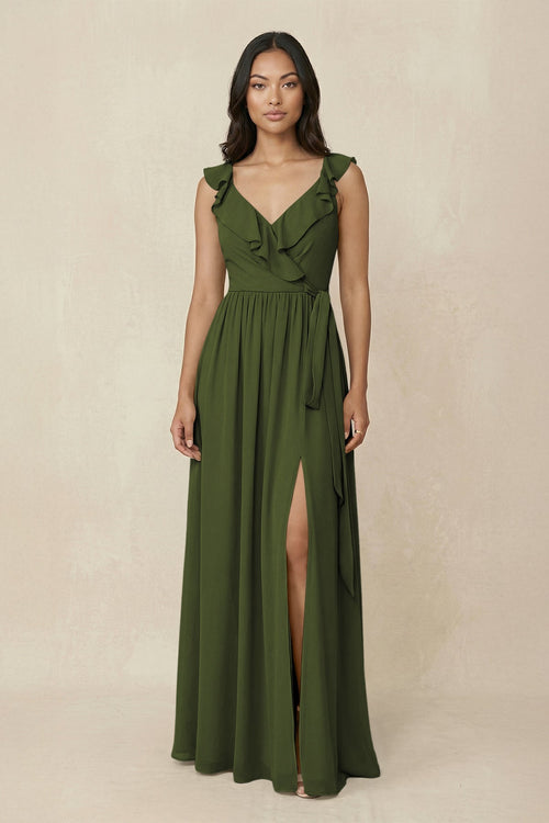 Ruffled V-Neck A-Line Chiffon Bridesmaid Dress in Olive - SHE IS ME BRIDESMAID DRESSES