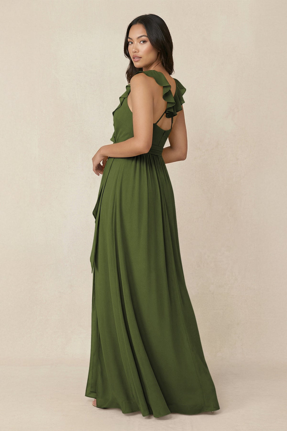 Ruffled V-Neck A-Line Chiffon Bridesmaid Dress in Olive - SHE IS ME BRIDESMAID DRESSES